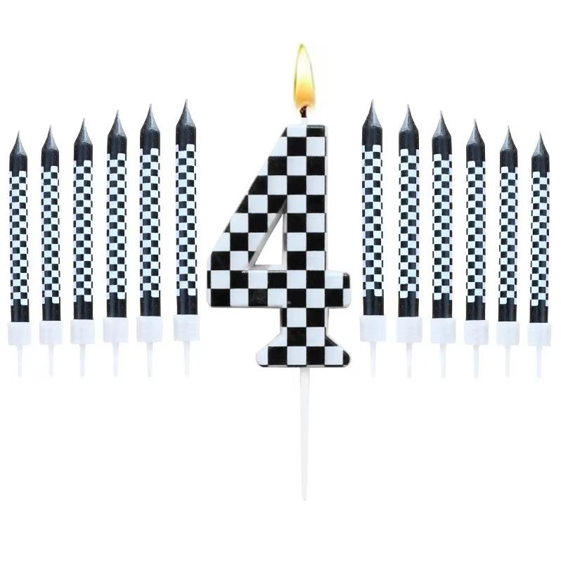 1/6/12/13 Pcs Racing Cars Themed Birthday Candles Black and White Race Number Checkered Candle Cake Topper for Racing Car Party