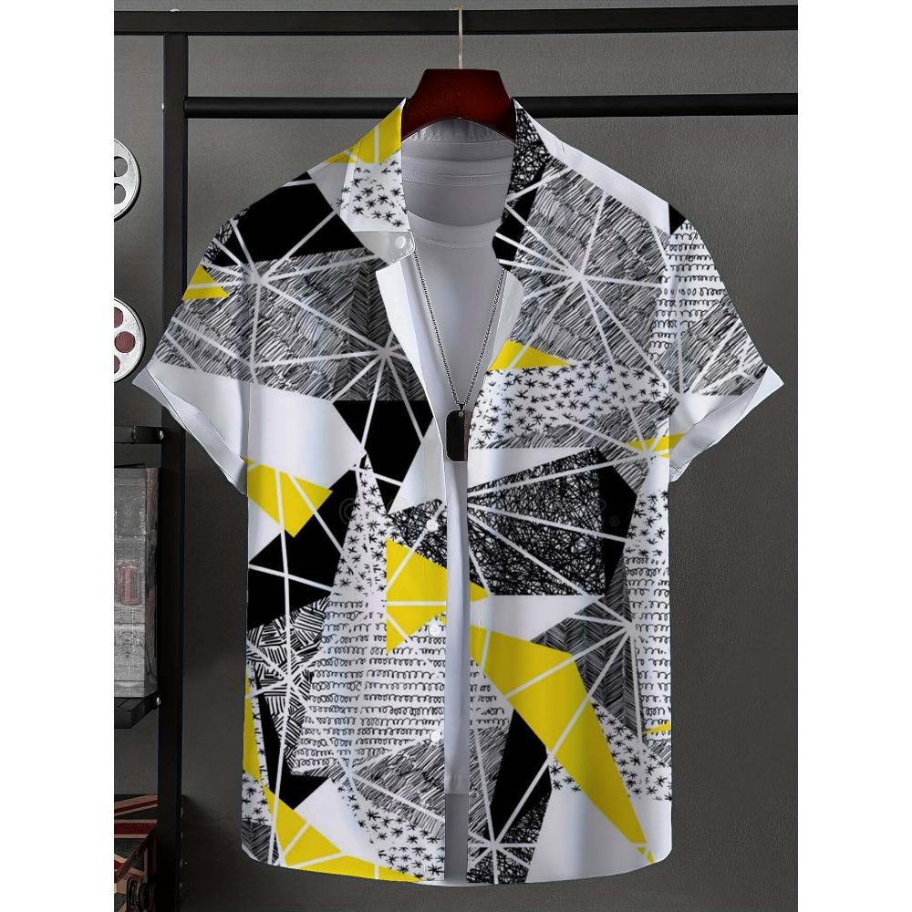 Men's shirt with novel striped patchwork pattern button up shirt, fashionable and casual new unisex shirt, vacation collar short sleeved shirt