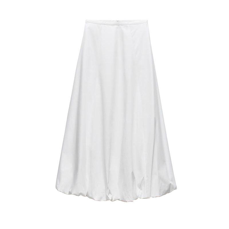 Spring New French Style Commute Style White Mid-Length Pleated Decoration High Waist Wide Swing Midi Dress 2679654