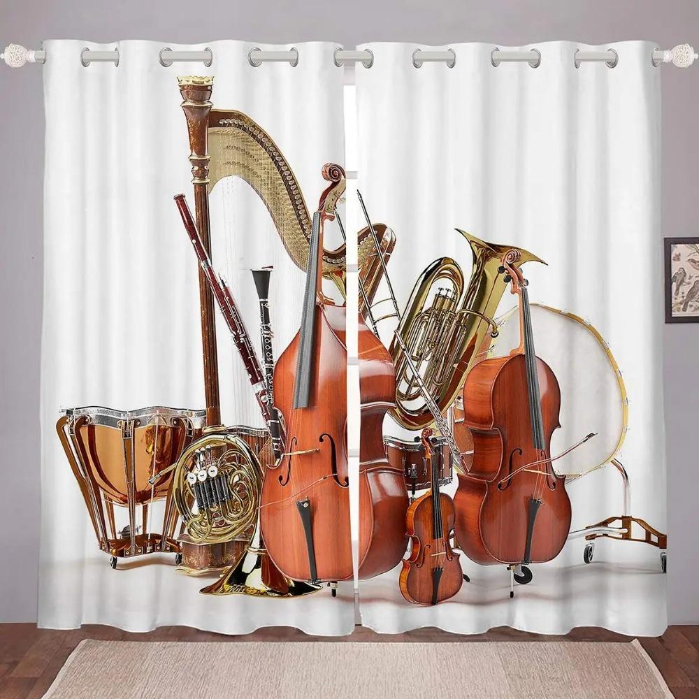 Violin Printed Blackout Drapes Classic Music Themed Window Curtains Musical Pattern Window Treatments Bedroom Decor Curtain