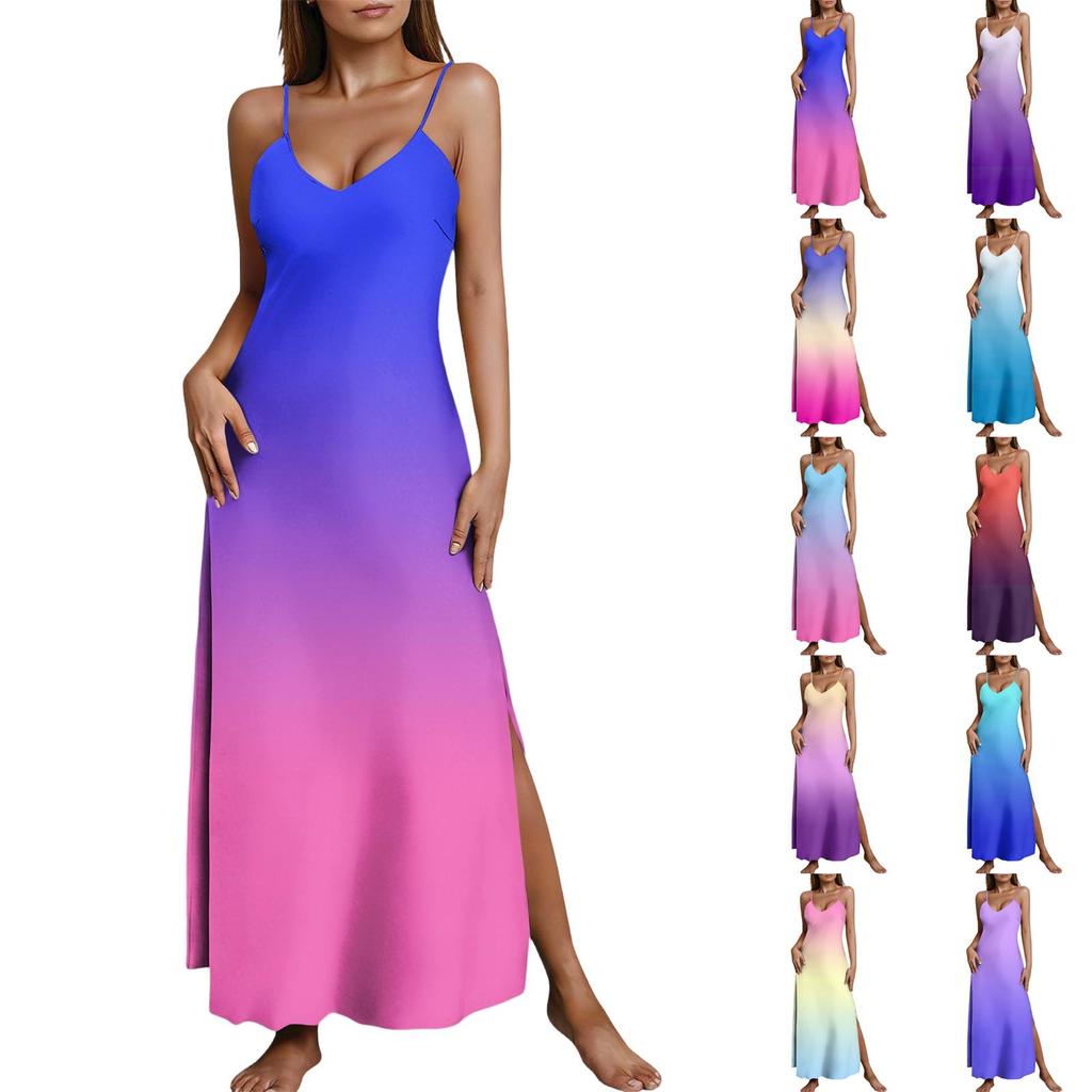 Maxi Abito Smanicato Sfumato con Spalline Sottili Regolabili Scollo a V Casual Vestibilità Larga Estivo Lungo