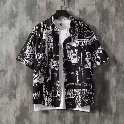 Hawaiian Retro Printed Short-Sleeve Shirt for Men Letter Shirt Loose Casual Versatile Thin Short-Sleeve Dress Shirt