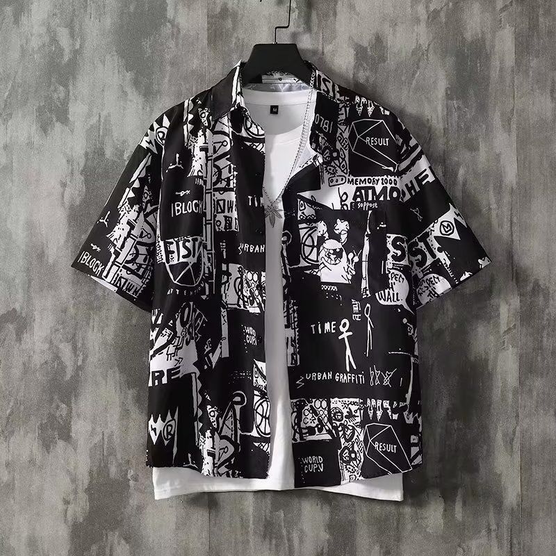 

Hawaiian Retro Printed Short-Sleeve Shirt for Men Letter Shirt Loose Casual Versatile Thin Short-Sleeve Dress Shirt XXXL чорний