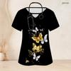 Women Plus Size Keyhole Neck Short Sleeve Butterfly Printed Black Nurse Scrub Top With Pockets