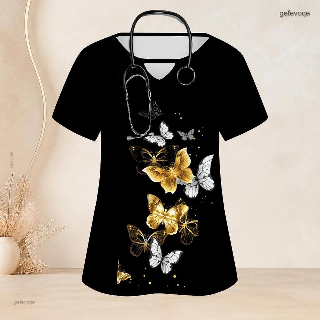 Women Plus Size Keyhole Neck Short Sleeve Butterfly Printed Black Nurse Scrub Top With Pockets