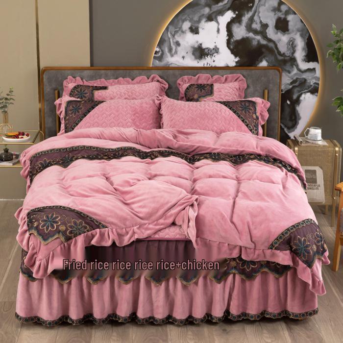 220g Quilted Bed Skirt Set: Warm Milk Velvet with Lace Embroidery (Four Pieces)