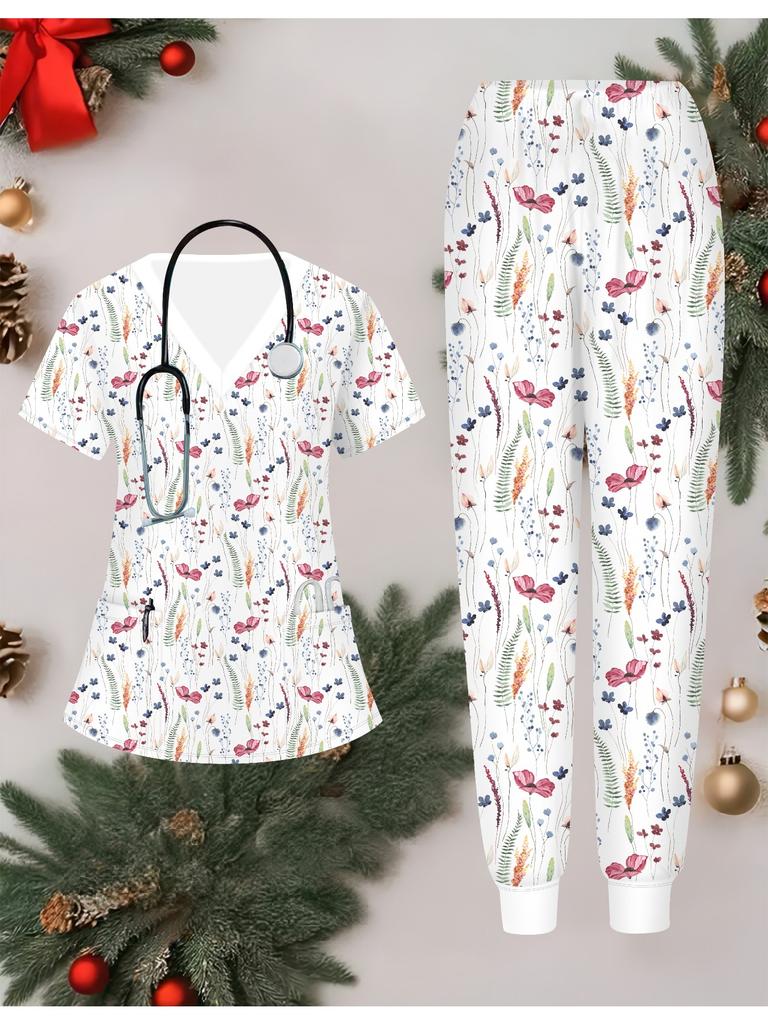 3D Flower Printed Women's Nurse Uniform Set Short Sleeve Long Pants with Pocket Casual Fashionable Christmas Gift