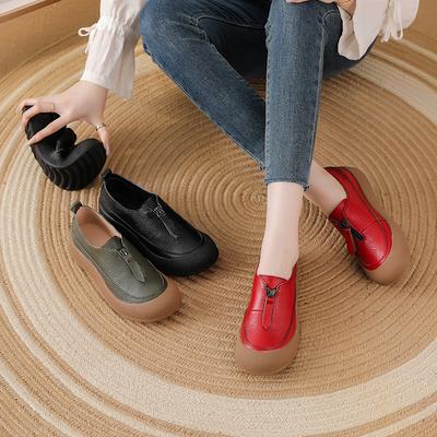 New Zip Up Flats Shoes for Women Real Leather Moccasins Woman Unique Luxury Flat Driving Shoes Ladies Red Flats Mom Casual Shoes