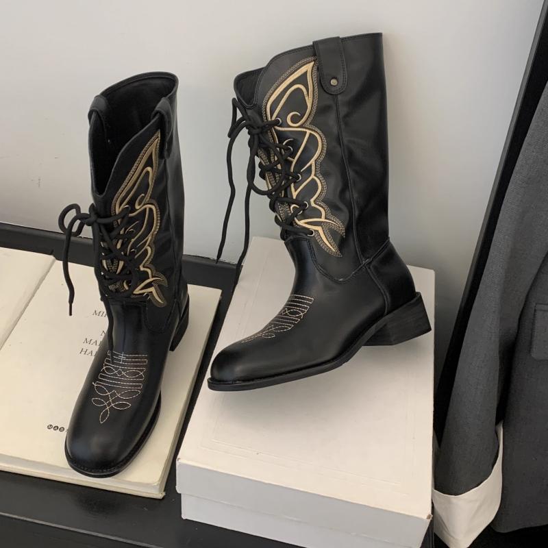 2025 Retro Style Embroidery Sewing Round Toe High Heels Women Boots Solid Color Lace Up Sexy Western Casual Elegant Cowboy Shoes