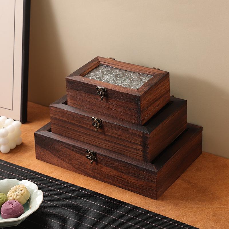 Retro Begonia Glass Lid Wooden Storage Box for Cosmetics, Snacks, Candy, and Documents - Dustproof and Multifunctional
