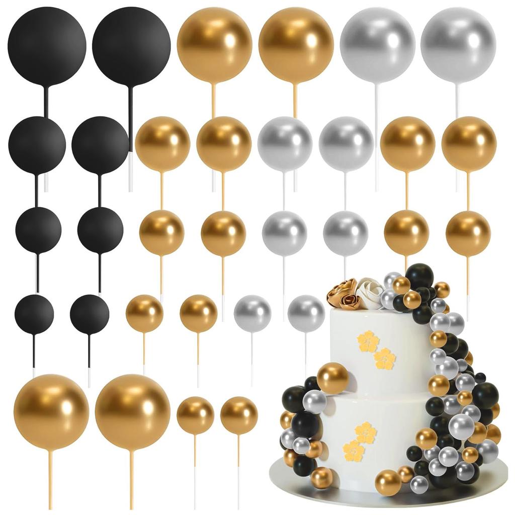 32PCS Boho Gold White Khaki Foam Balls for Cake Decorating DIY Wedding Birthday Party Cupcake Toppers Bridal Shower Decor