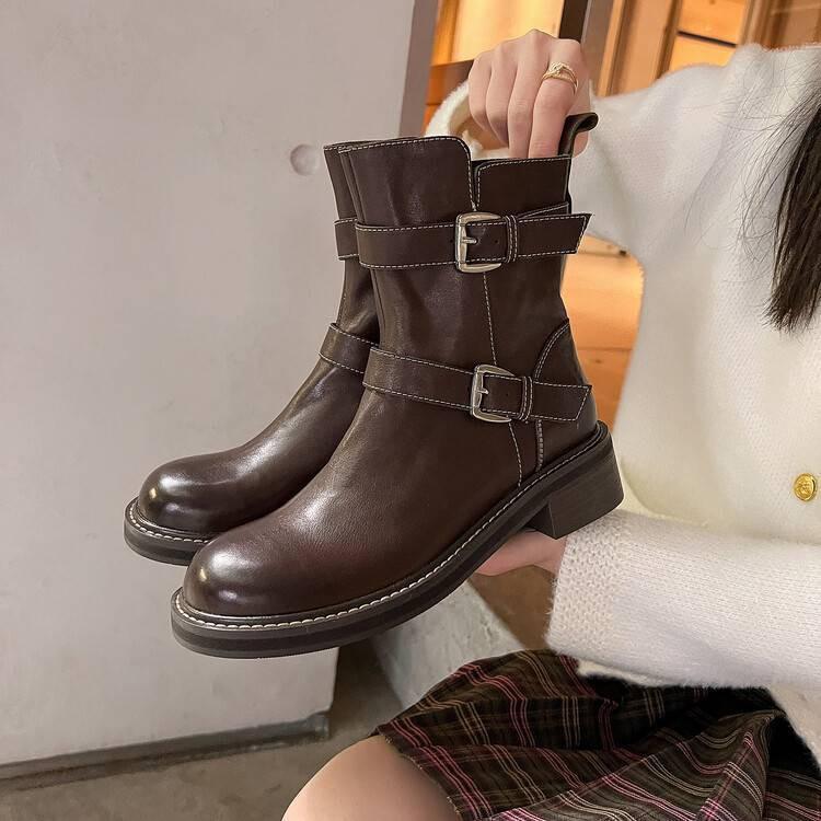 

Upgraded version~ 2025 summer washed horse leather round head brown British Martin boots side zipper belt buckle locomotive boots 39 коричневый