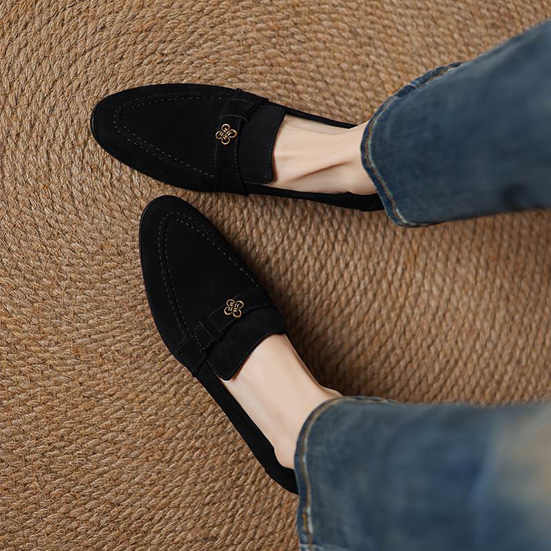 Krazing Pot Sheep Suede Autumn Winter Shoes Metal Decoration Loafers Med Heels Slip On Size 42 Round Toe Slip On Deep Mouth Pumps