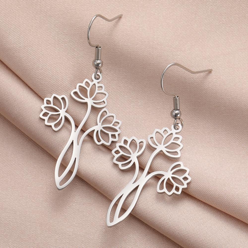 Dawapara Lotus Flower Dangle Earrings for Women Stainless Steel Round Flower Charm Yoga Jewelry Buddhist Spiritual Amulet