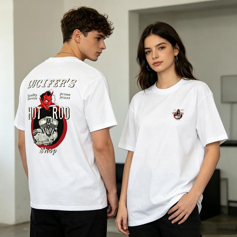 Lucifers Hot Rod Shop Graphic T Shirt Vintage Devil Car Print Unisex Soft Cotton Crew Neck Short Sleeve Trendy Casual