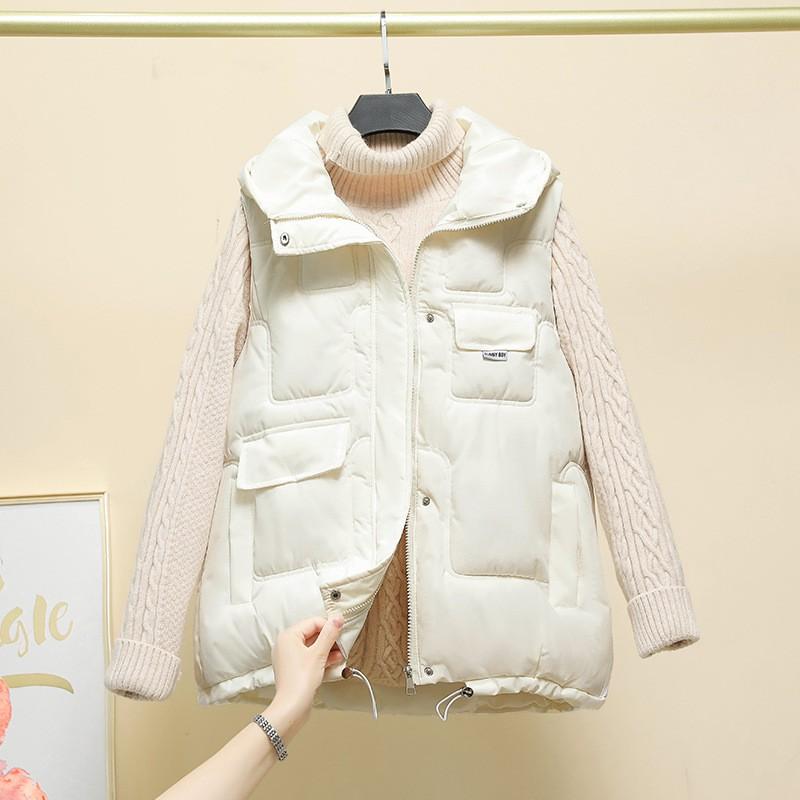 Womens Hooded Puffer Vest With Stand Collar Lightweight Warm Sleeveless Cotton-Padded Outerwear Fall Winter