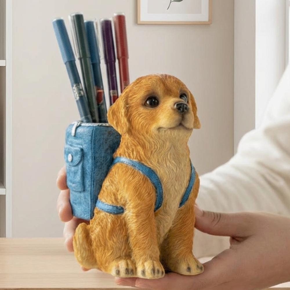 Cute Design Golden Retriever Dog Pen Holder Cartoon Style Creative Sculpture Pen Holder Large Capacity Resin Desktop Organizer