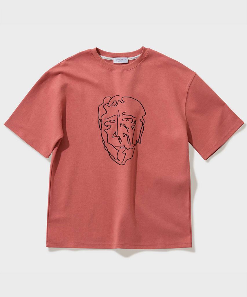 FFEFF STUDIO Face Drawing Embroidery Short Sleeve T-Shirt (Brick)
