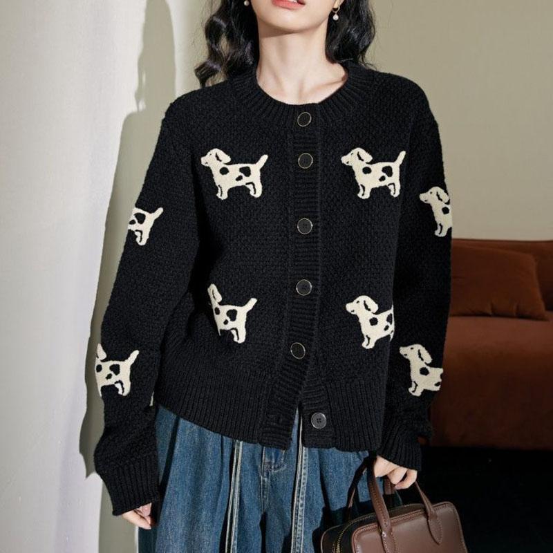 Cartoon Sweater Female Cardigans Autumn O Neck Single Breasted Black Sweater Coat for Women 2025