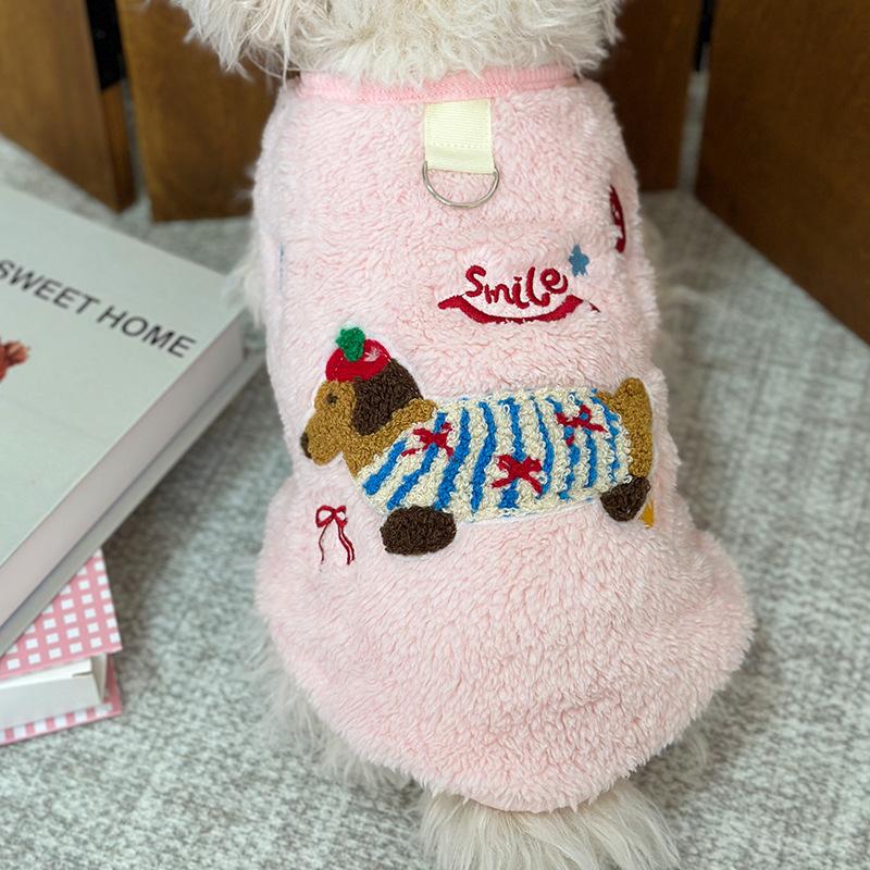 Pet Plush Embroidered Vest Dog Autumn/Winter Velvet Thickened with Traction Ring Small Dog Coat Christmas Clothes Jacket