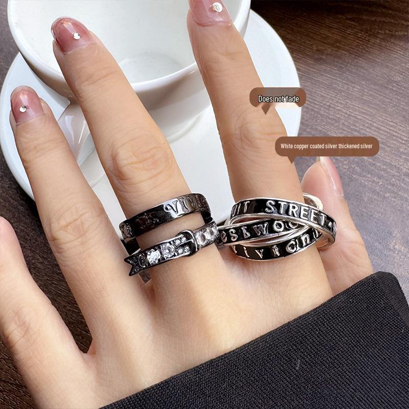 Lan Zhi Gunmetal Planet Three-Ring Enamel Drip Oil Saturn Letter Ring - Women's Luxe 925 Silver.
