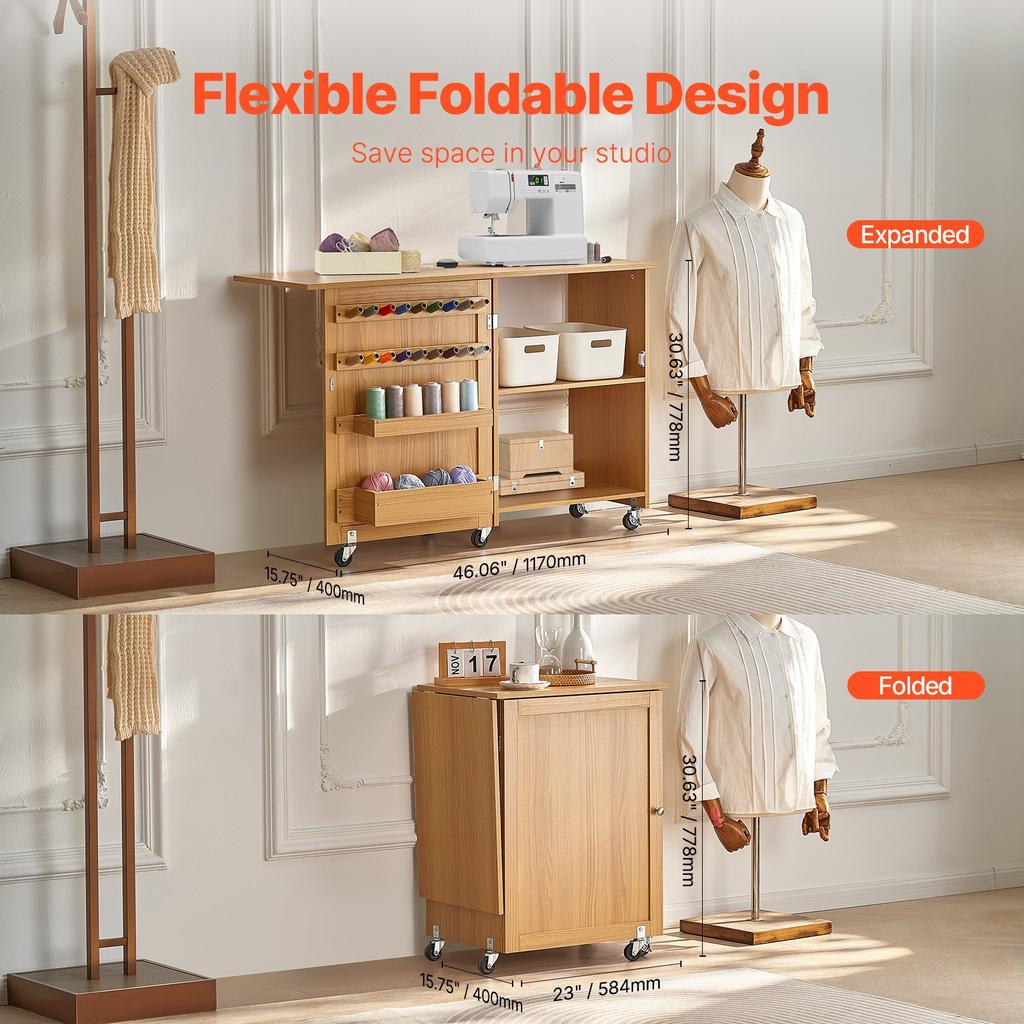 VEVOR Tavolo da Cucito Pieghevole, Tavolo Multiuso per Macchina da Cucire con Design Compatto, Ruote, Ripiani, Vaschette Portaoggetti, Pioli in Legno e Ante Magnetiche