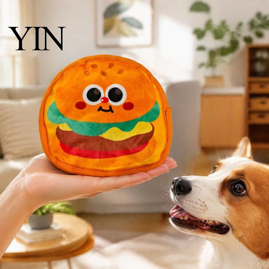 Durable Plush Dog Toys Crinkle Chew Toy, Food Shape Interactive Hamburger Pizza Hot Safe Fabric Teething Design, Toy for Small And Medium Dogs Squeaky