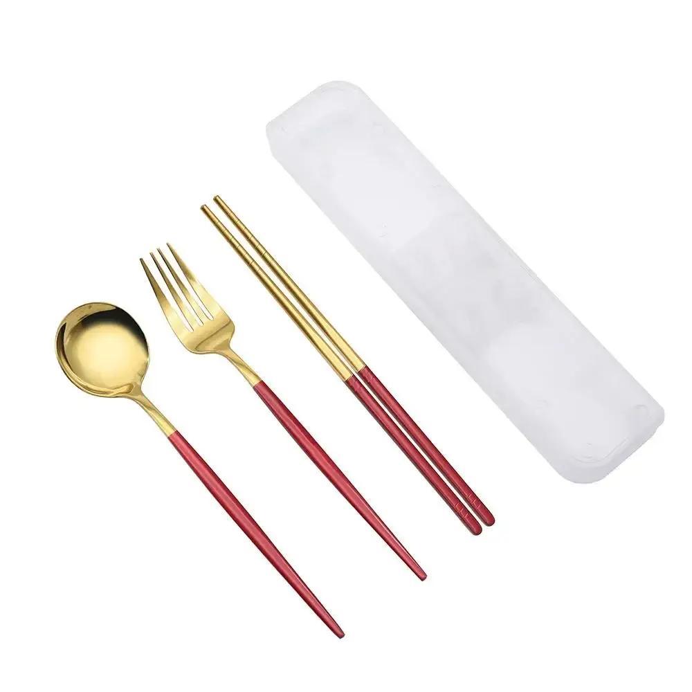 New Spoon Fork Chopsticks Set Storage Box Tableware Coffee Snack Fruit Dessert Portable Spoon Fork Chopstick Set Stainless Steel