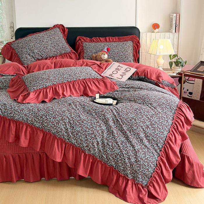 Spring/Summer Washed Cotton Lace Quilt Bedspread Set - 4 Pieces, Machine Washable