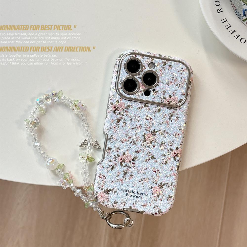 KEYSION Women Girl's Flower Phone Case for iPhone 14 15 16 17 Pro Max Rounded Edges Shockproof Cover with Bead Bracelet Chain