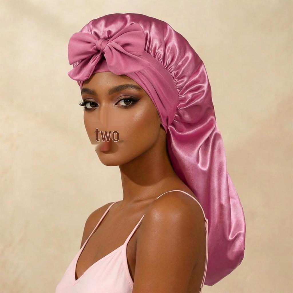 European & American Style Satin Sleep Cap with Bow and Long Tail for Women - High Elasticity, Large Head Circumference, Hair Protection