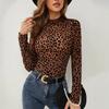 Women's Mock Neck Long Sleeve Slim Fit Elegant Leopard Print Sheer Mesh Layering Top Autumn Commute Blouse