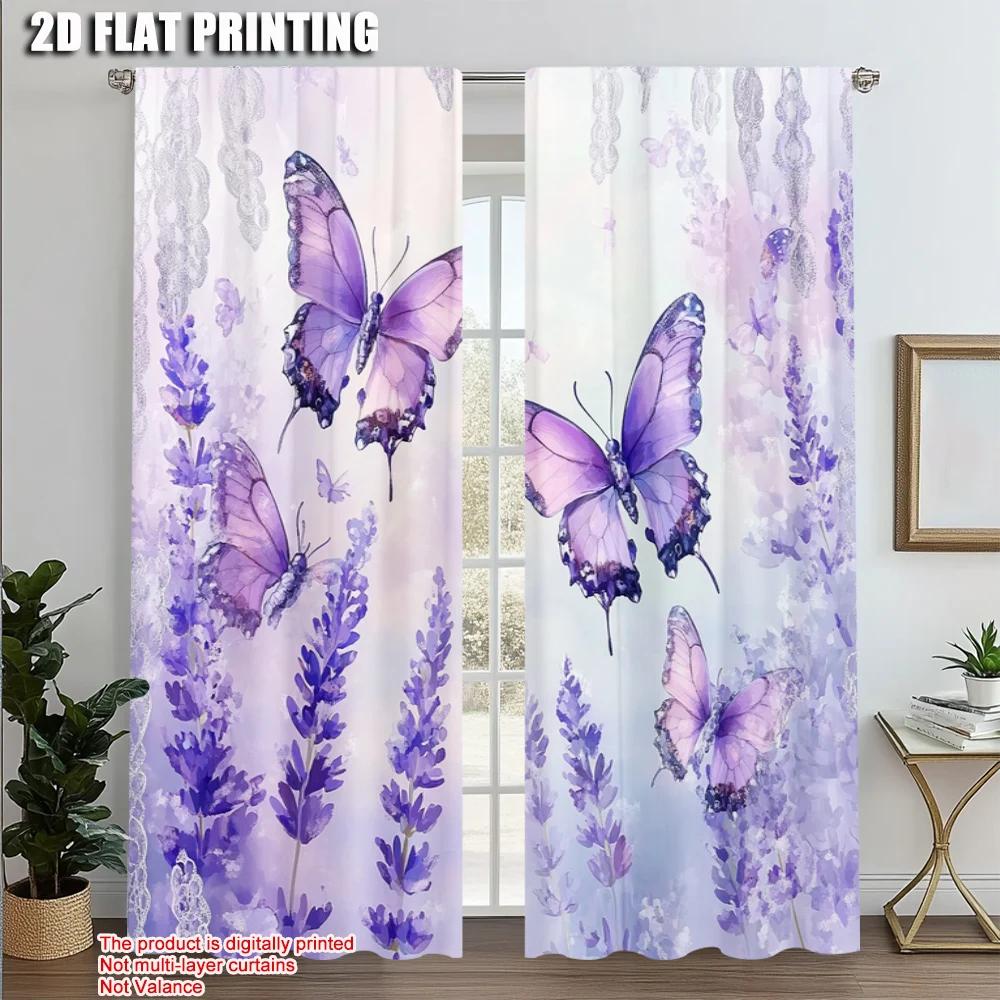 2pcs   Print Curtains  print Lavender Dreamy Purple Butterfly Polyester (without rod) Stuff Clearance Use for Living Room