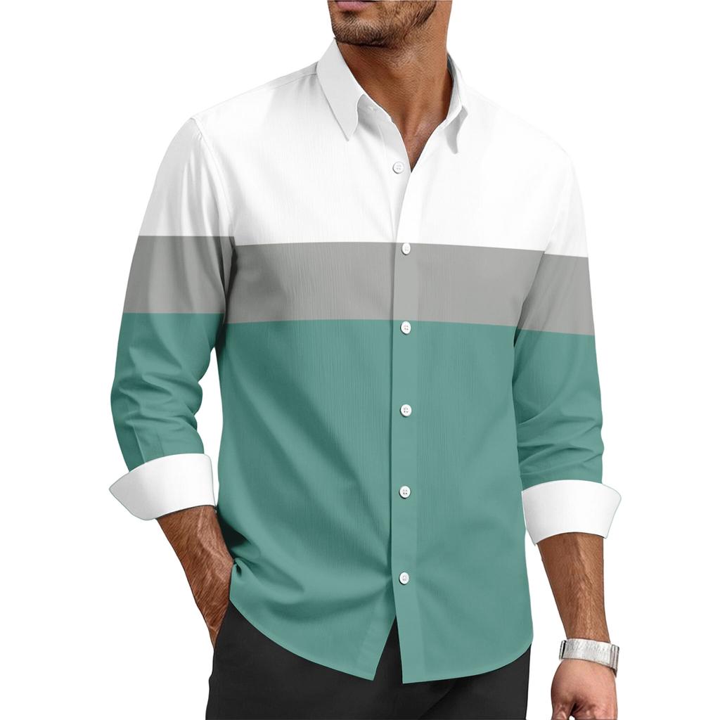 Men's Casual Stylish Striped Printed Shirt - Men's Lapel Buttoned Long-sleeved Shirt