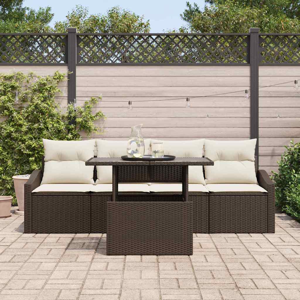 Garden Sofa Set with Cushions 5 Pcs Brown and Cream Poly Rattan