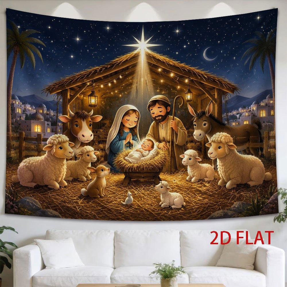 2D Flat, 1pc 2D Flat Tapestry Christmas Nativity Scene with Mary, Joseph, Baby Jesus, Animals, and Starry Night in Bethlehem, 2D Flat