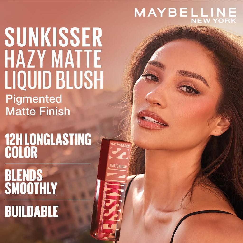 Maybelline New York Sunkisser Hazy Matte Blush Peachy Quench 34, 12H Liquid Cheek Color Lightweight Blendable 4.7ml Pack For Radiant Glow