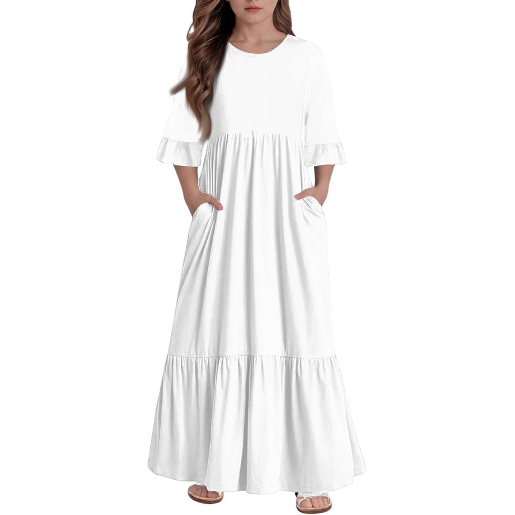 Girls' Tiered Ruffle Dress - 3/4 Sleeve Pocket Maxi With Pockets