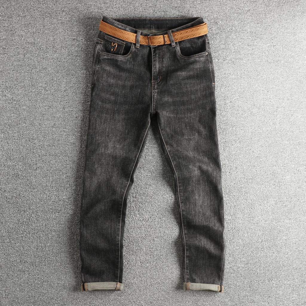 Men's Dark Grey Slim Straight Distressed Jeans with Belt