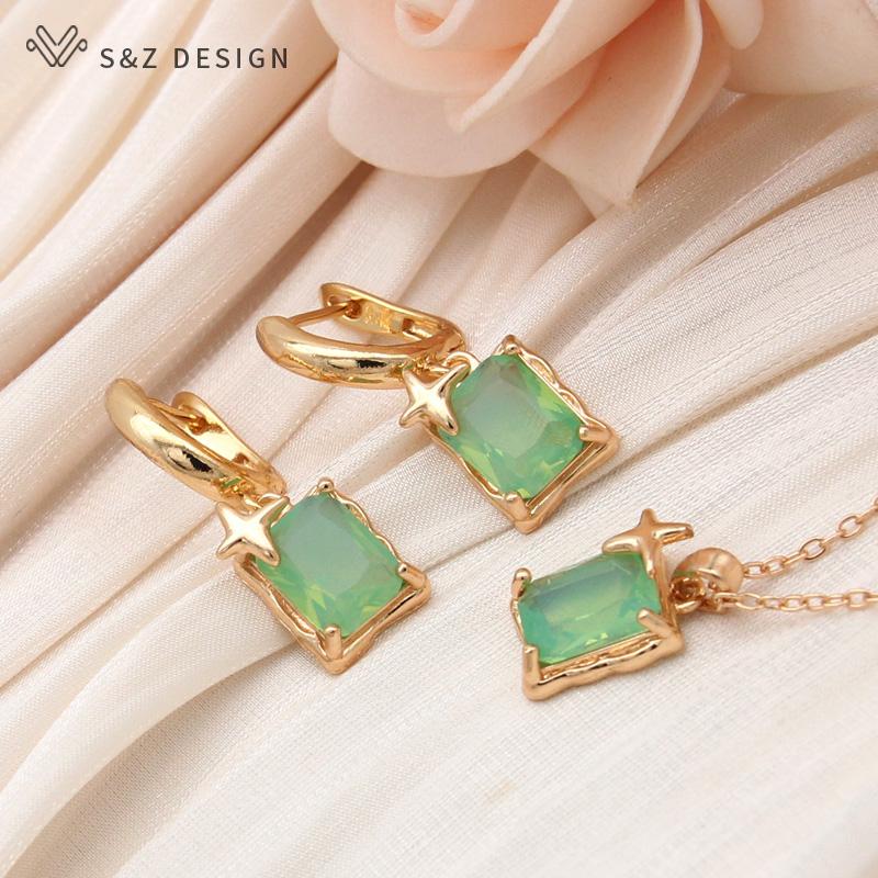 Fashion Rectangle Green Artificial Crystal Drop Earrings For Women Trendy Elegant Champagne Gold Color Jewelry