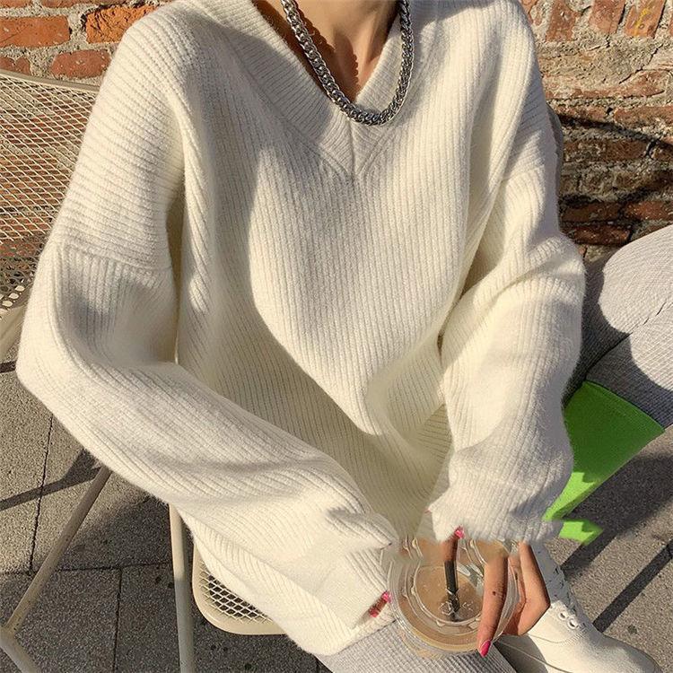

Вязаный свитер осень-зима свободного кроя с V-образным вырезом средней длины, однотонный трикотажный топ с длинным рукавом для женщин, модная верхняя одежда One Size белый