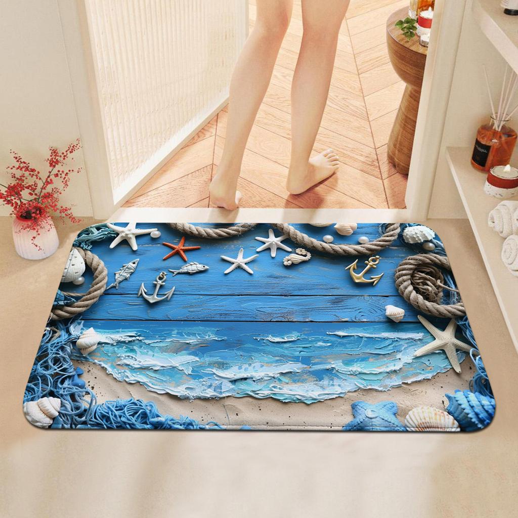 1 Blue Coast Wood Stripe Rope, Starfish Pattern Carpet, Long Kitchen Floor Mat, Machine Washable Bathroom Floor Mat, Kitchen Mat