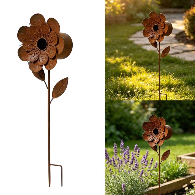 Iron Flower Garden Stake with Brown Finish, Raised Flower Head, Leaf Shape, and Long Stem for Direct Placement In Soil, Lawns, and Outdoor Plantings