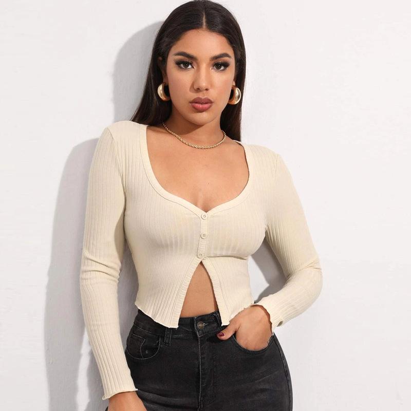Spring and Summer New Long-sleeved Open-button Cardigan Top, Sexy Button-knitted T-shirt