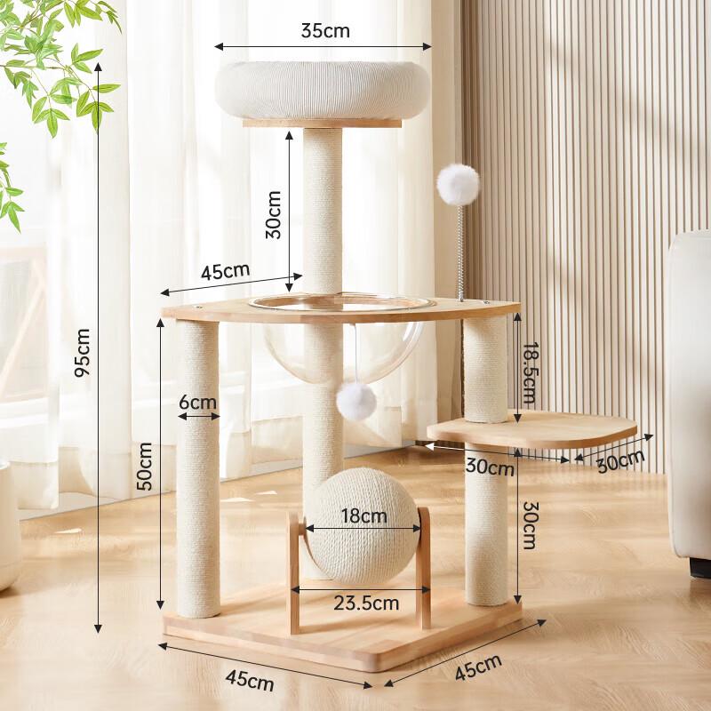 Space-Saving Solid Wood Cat Tree with Cozy Bed and Scratching Post