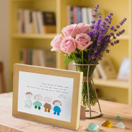 Handmade Sea Glass Decoration with Wooden Frame Rainbow Bird Family