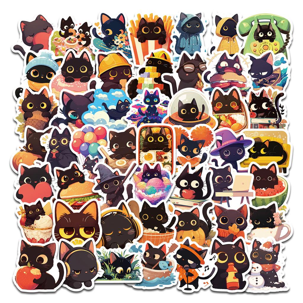 50 Sheets Of Black Cat Life Daily Series Ins Cartoon Cute Animal Stickers Diy Luggage Notebook Stickers