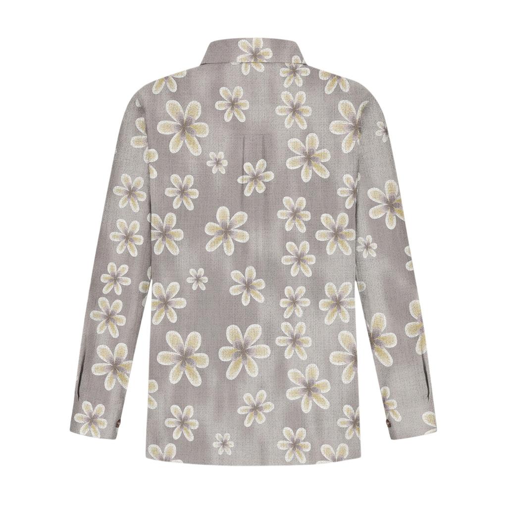 Women's Loose Floral Print Stand Collar Long Sleeve Cotton And Linen Top