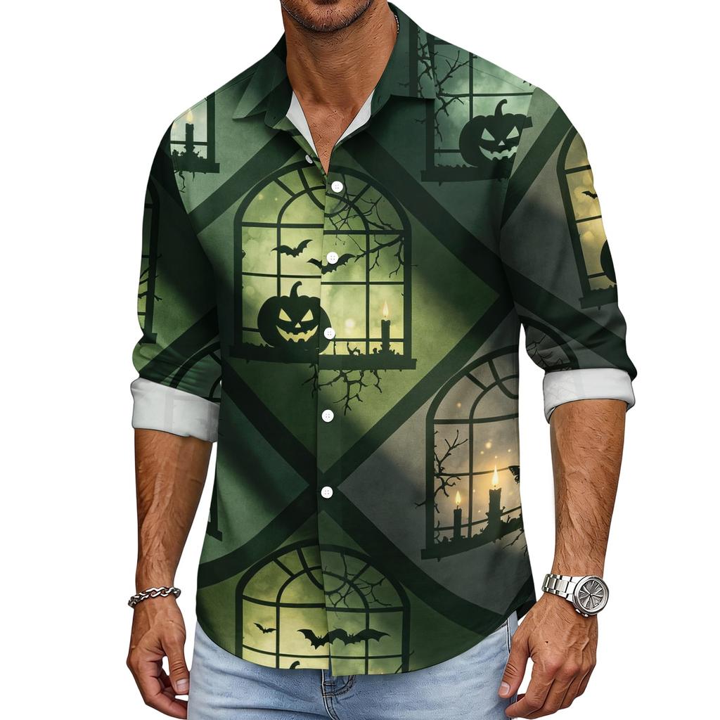Men's Loose Fit Long Sleeve Shirt Halloween Pumpkin Print Casual Button Down Shirt Vintage Style Breathable Fabric Comfortable for Outdoor Workwear