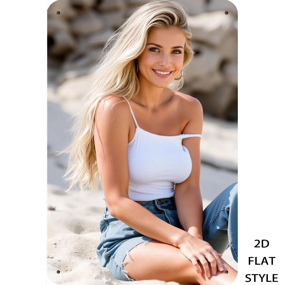 Hisun Blechschild HD Metall Wandkunst Wunderschöne Blonde Frau im Sexy Weiß Gerippten Trägertop Distressed Jeansshorts Sitzt am Sandstrand in der Nähe von Rost